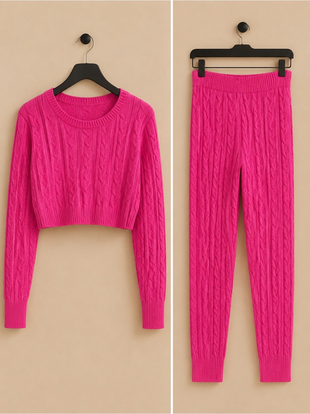 Hot Pink Cable Knit Crop Sweater & Jogger Set - Women